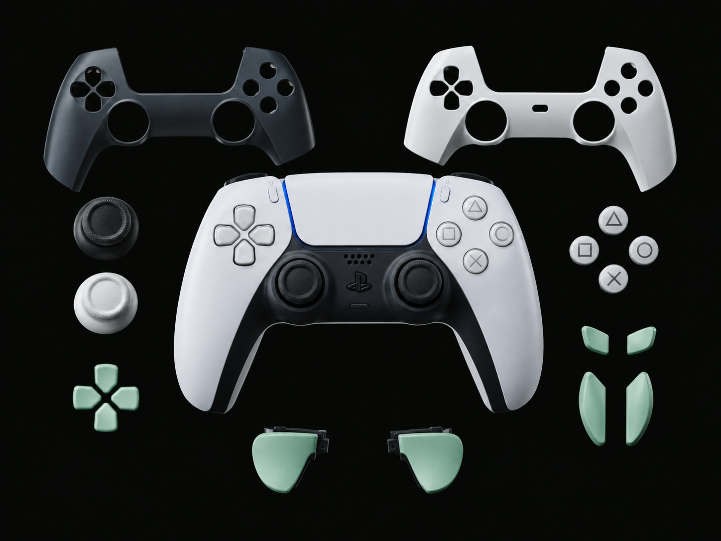 Manette DualSense entourée de pièces de personnalisation