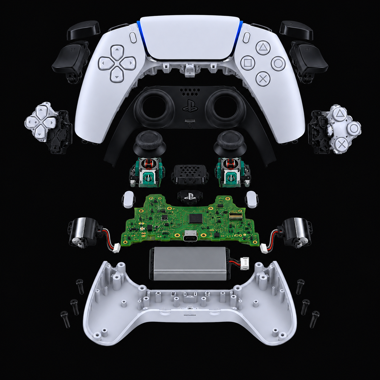 Vue éclatée d’une DualSense : coque, joysticks et composants internes